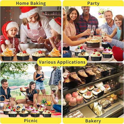 10oz Aluminum Foil Brownie Pans with Lids and Spoons, 40 Pack Square 4”X4” Disposable Ramekins Muffin Tins,Mini Cake Pans Baking Cups,Individual Cupcake Containers Dessert Cups - Black Gold