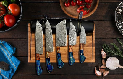 LEONA CRAFT® Custom Handmade Damascus Steel Chef Set Kitchen Knives with Leather Pouch 5 PCS Poplar Home Professional Knife Without Block Cool Blade Wood Handle Utensils Tops Tools Paring Knifes (011)