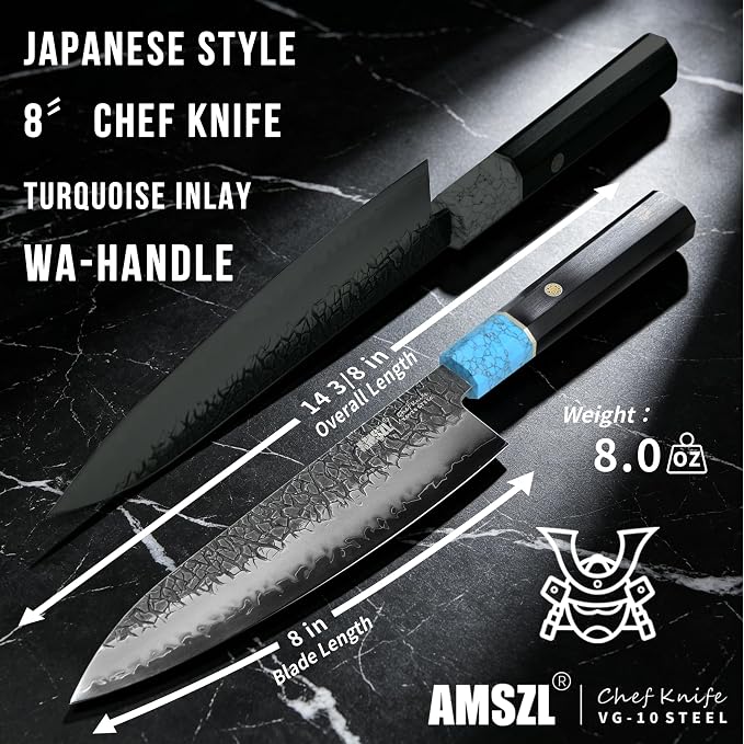 8" Japanese VG10 Damascus Chef Knife – Blue Turquoise, Ebony Handle | HRC 60-62, stays sharp 3X longer. 5-layer Damascus, full tang octagonal ebony handle with genuine blue turquoise