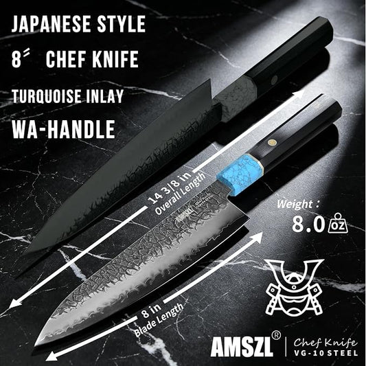 8" Japanese VG10 Damascus Chef Knife – Blue Turquoise, Ebony Handle | HRC 60-62, stays sharp 3X longer. 5-layer Damascus, full tang octagonal ebony handle with genuine blue turquoise