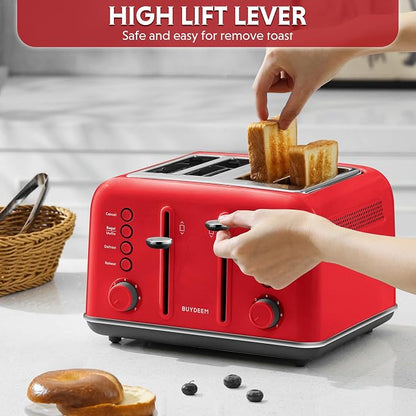 BUYDEEM DT640 4-Slice Toaster, 7 Shade Settings, Extra Wide 1.5’’ Slots for Bagel & English Muffin, 6 Toasting Functions, Retro Stainless Steel Toaster with High Lift Lever, 1800W, Red