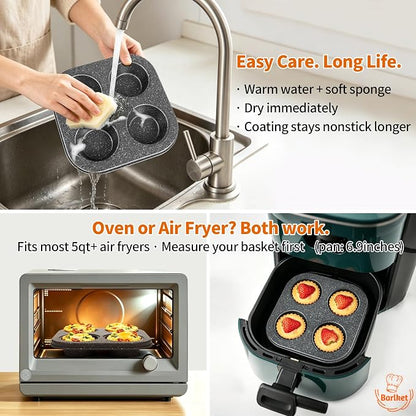 3-Pack 4-Cup Muffin Pan, Nonstick Granite Coating Carbon Steel Cupcake Pan Set, Standard Muffin Tin for Air Fryer Small Oven Baking, Easy Release, Nests Flat for Storage