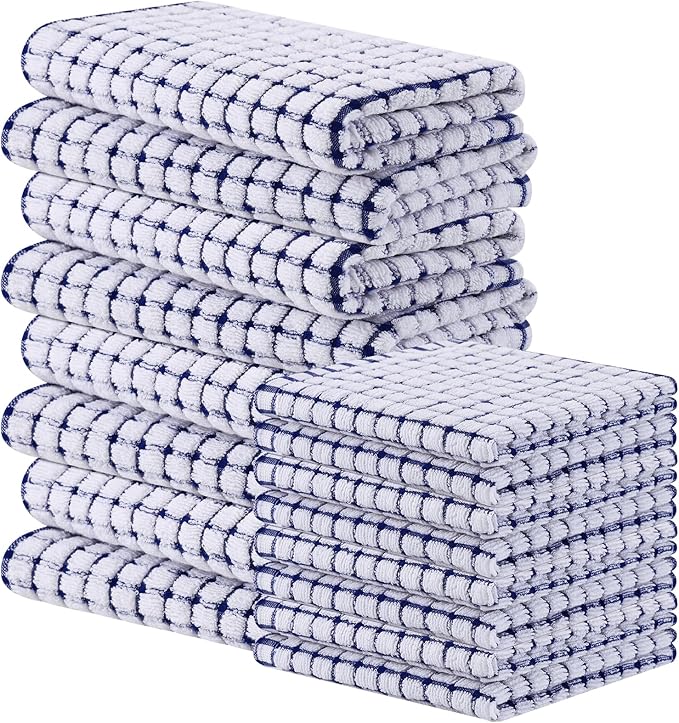 Homaxy Kitchen Towels and Dishcloths Set, 16 x 25 and 12 x 12 Inches, Set of 16 Cotton Terry Kitchen Dish Towels, Super Soft and Absorbent Dish Cloths, Blue