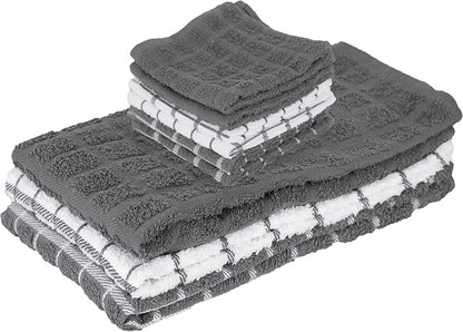 Ritz Premium 3-Pack Kitchen Towel & 6-Pack Dish Cloth Set - Highly Absorbent, Super Soft, Long-Lasting, 100% Cotton Terry Drying Cleaning Cloths, Gray