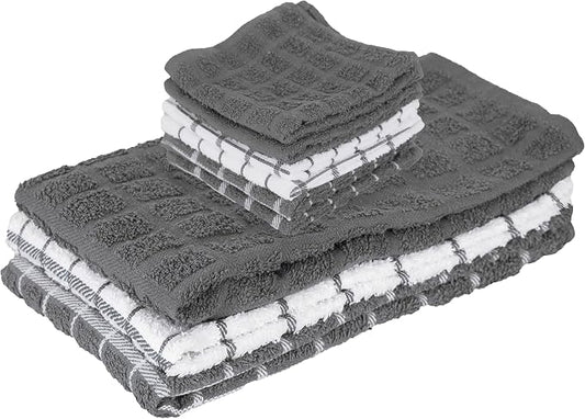Ritz Premium 3-Pack Kitchen Towel & 6-Pack Dish Cloth Set - Highly Absorbent, Super Soft, Long-Lasting, 100% Cotton Terry Drying Cleaning Cloths, Gray
