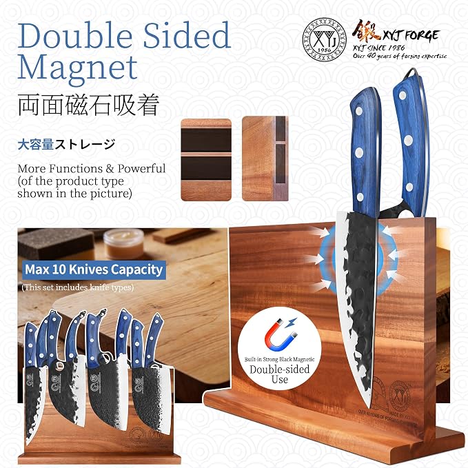XYJ Authentic Since 1986,Knife Block Set,Knives with Magnetic Knife Block,Sharpener Rod,Scissors,Cutting Board,Gloves,Boning Slicing Bread Cleaver Vegetable Butcher Kitchen Knives,Full Tang