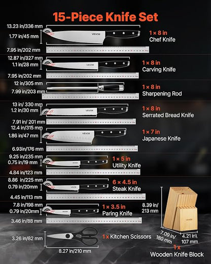 VEVOR Kitchen Knife Set with Block and Sharpener, 15 Piece High Carbon Stainless Steel Sharp Knife Set, Kitchen Cutlery with Ergonomic Handle, Sharpening Rod and Premium Wooden Block, for Home Cooks