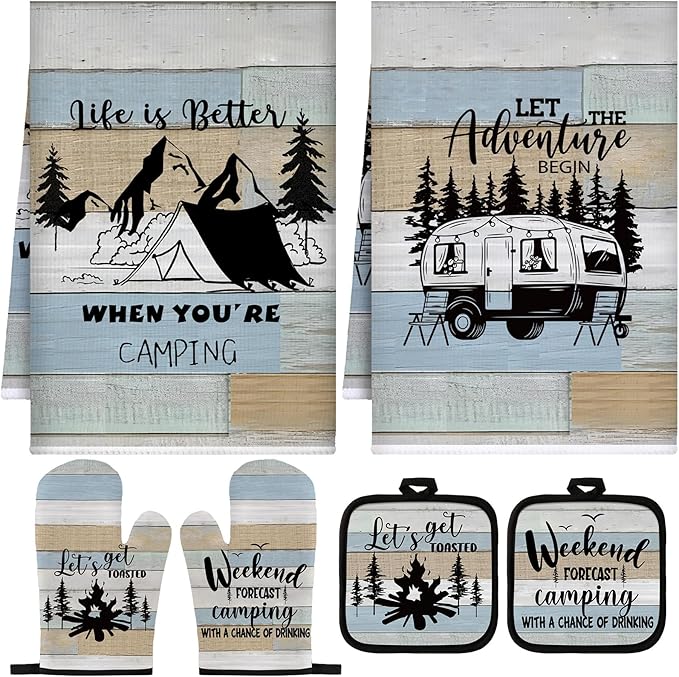 Sratte 6 Pcs Kitchen Decor Accessories Set Farmhouse Towels Pot Holders Oven Mitts Set 2 Dish Towels 2 Potholders 2 Cooking Mittens Oven Glove for Christmas Baking Cooking(Striped Color)