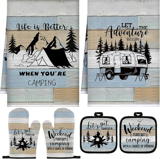 Sratte 6 Pcs Kitchen Decor Accessories Set Farmhouse Towels Pot Holders Oven Mitts Set 2 Dish Towels 2 Potholders 2 Cooking Mittens Oven Glove for Christmas Baking Cooking(Striped Color)