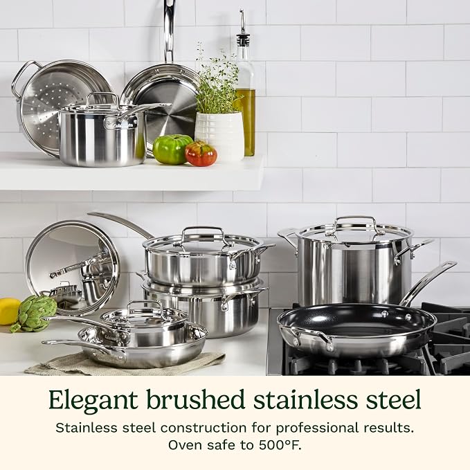 Cuisinart 12-Piece Cookware Set, MultiClad Pro Triple-Ply Stainless Steel Cookware Set, Heat Surround Technology, Cool Grip Stick Handles, Oven Safe up to 500F, MCPS-15N, Silver