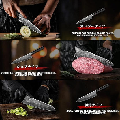 TIVOLI Damascus Knife Set 3PCS - VG10 Japanese Kitchen Knife - Ultra Sharp Chef Knives Set With Octagonal Handle，Professional Cooking Knives for Meat Vegetable Fruit, Christmas Gift for Mom Dad