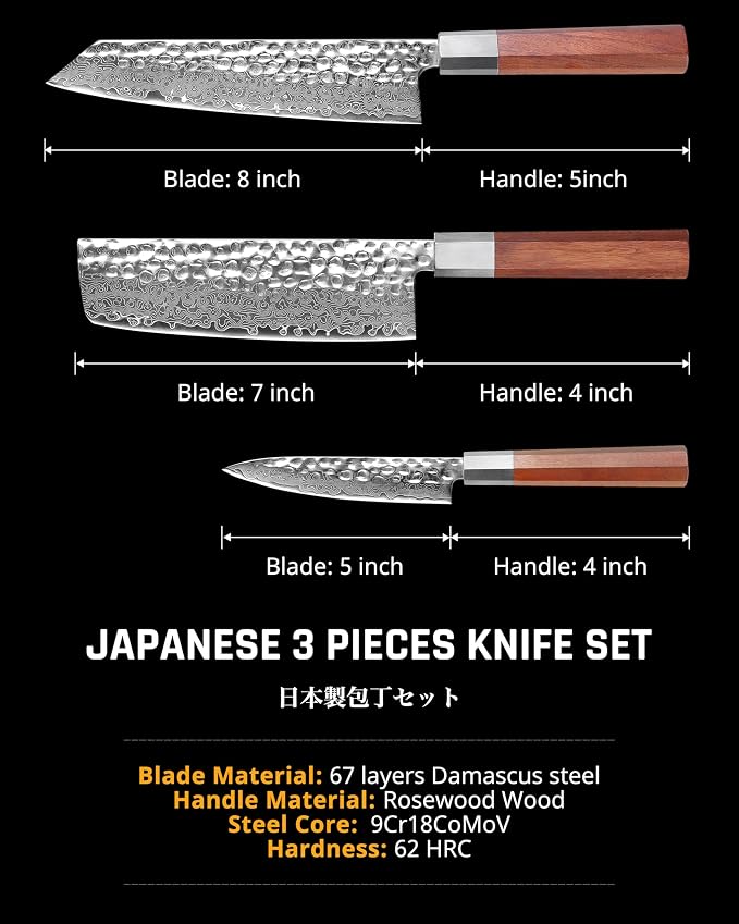 YOTSUBA 3PCS Japanese Damascus kitchen knife set – Ultra Sharp Hand-Forged High Carbon Steel Blades with Genuine Natural Hardwood Handles, Professional Kitchen Knives for Chopping Meat & Vegetables