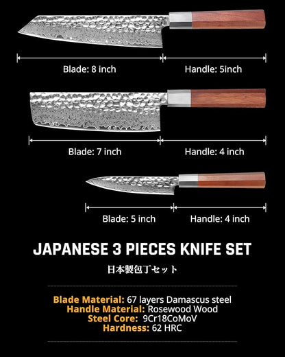 YOTSUBA 3PCS Japanese Damascus kitchen knife set – Ultra Sharp Hand-Forged High Carbon Steel Blades with Genuine Natural Hardwood Handles, Professional Kitchen Knives for Chopping Meat & Vegetables
