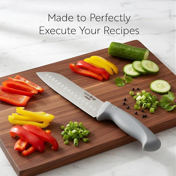 Restaurantware Comfy Grip 7 Inch Santoku Knife 1 Sharp Kitchen Knife - Ergonomic Handle Non-Slip Grip Gray Stainless Steel Japanese Chef Knife Dishwashable Granton Edge