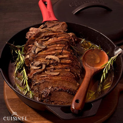 Cast Iron Skillet Set with Lids - 10"+12"-inch Pre-Seasoned Covered Frying Pan Set + Silicone Handle and Lid Holders + Scraper/Cleaner - Use Indoor/Outdoor, Oven, Stovetop, Fire, BBQ Kitchen Cookware
