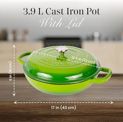 Shallow Cast Iron Casserole with Lid – Non Stick Dutch Oven Pot, Oven Safe up to 500° F – Sturdy Ovenproof Stockpot Cookware – Enamelled Cooking Pot – Green, 5-Quart, 32cm – by Nuovva