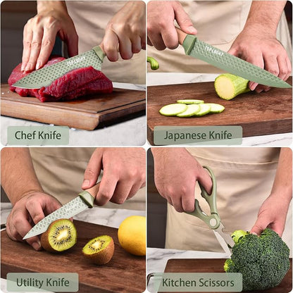 Kitchen Knife Set, Retrosohoo 6-Pieces Green Sharp Knife Set for Kitchen, Non-stick Non-slip Stainless Steel Chef Knife Set with Universal Knife Block Suitable for Home Restaurant (Green)