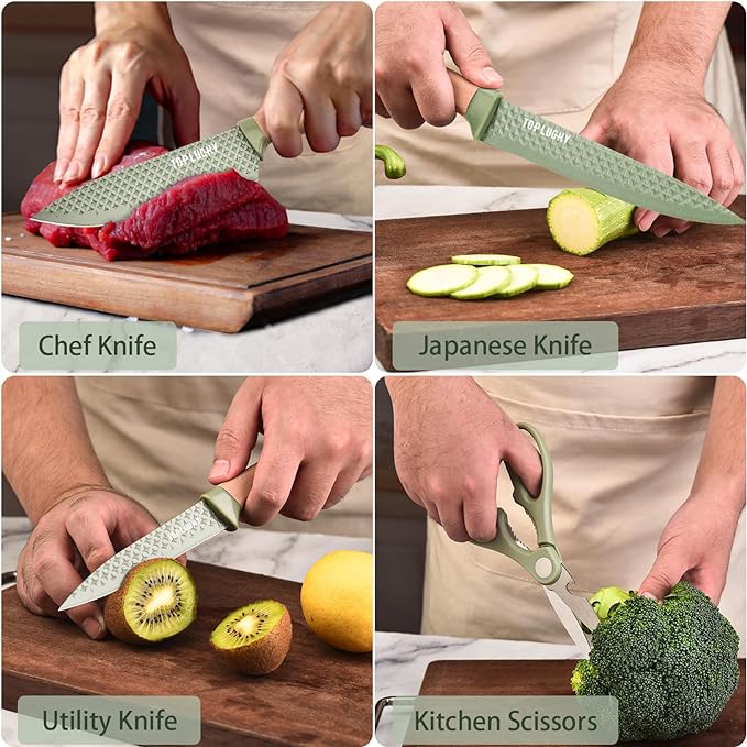 Kitchen Knife Set, Retrosohoo 6 Pieces Green Professional Knife Set with Universal Knife Block, Super Sharp Knife Set with Ergonomic Handle, Non-stick Stainless Steel Knife Block Set(Green)