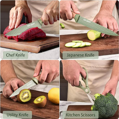 Kitchen Knife Set, Retrosohoo 6 Pieces Green Professional Knife Set with Universal Knife Block, Super Sharp Knife Set with Ergonomic Handle, Non-stick Stainless Steel Knife Block Set(Green)
