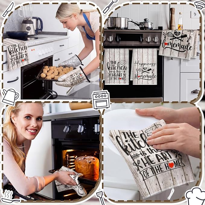 Sratte 6 Pcs Kitchen Decor Accessories Set Farmhouse Towels Pot Holders Oven Mitts Set 2 Dish Towels 2 Potholders 2 Cooking Mittens Oven Glove for Christmas Baking Cooking(White Wood Grain)