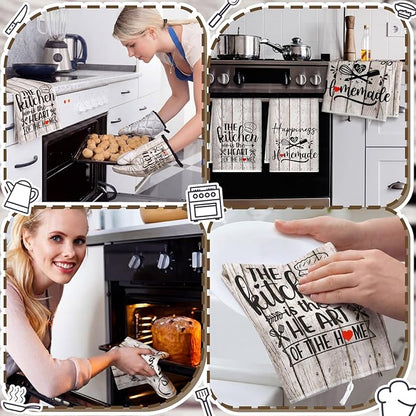 Sratte 6 Pcs Kitchen Decor Accessories Set Farmhouse Towels Pot Holders Oven Mitts Set 2 Dish Towels 2 Potholders 2 Cooking Mittens Oven Glove for Christmas Baking Cooking(White Wood Grain)
