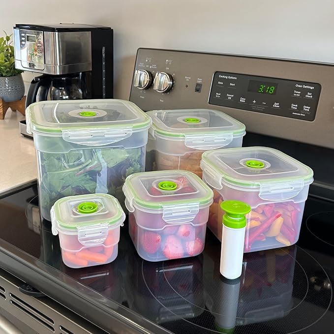 Lasting Freshness 11 piece Vacuum Seal Food Storage Containers with Vacuum Pump, Airtight and Leak Proof, Vacuum Sealed Food Storage Containers, Meal Prep Containers, Keep Food Fresh up to 5 X Longer