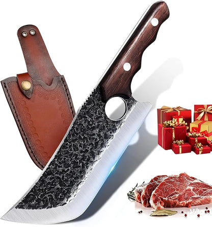 DRGSKL Hand Forged Meat Cleaver Knife Fathers Butcher Knives for Meat Cutting Full Tang Chef Knife with Belt Sheath and Gift Box High Carbon Steel for Kitchen or Camping, Gift for Dad