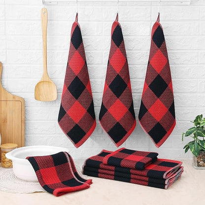 Homaxy Kitchen Towels and Dishcloths Set, 12 x 12 and 13 x 28 Inches, Set of 12 100% Cotton Waffle Weave Check Plaid Kitchen Dish Towels, Super Soft and Absorbent Dish Cloths, Black & Red