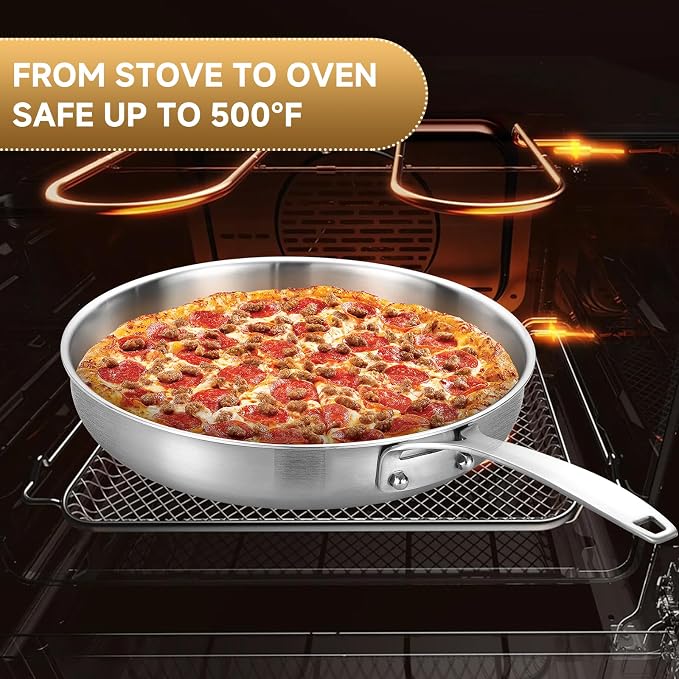 Inqibee 8.5-10-12 Inch Tri-Ply Stainless Steel Frying Pan Set of 3 with a Lid, Skillets, Chef's Pan, Induction Cooking Pans, Dishwasher Safe and Detachable Handle