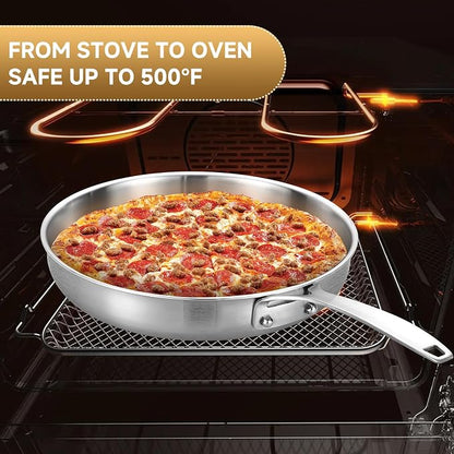 Inqibee 8.5-10-12 Inch Tri-Ply Stainless Steel Frying Pan Set of 3 with a Lid, Skillets, Chef's Pan, Induction Cooking Pans, Dishwasher Safe and Detachable Handle