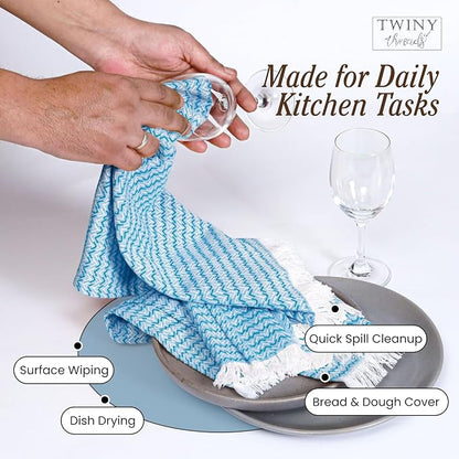 TWINY threads Kitchen Dish Towel Chevron Weave, Large Premium 100% Cotton Kitchen Linen Set, Absorbent Dish Rags for Drying Dishes, Quick Drying Washable Reusable, 4 Pack, 16x26 Inch, Turquiose Blue