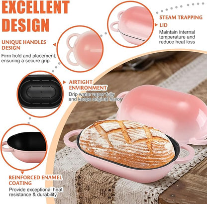 Enameled Cast Iron Oval Dutch Oven Pot with Lid, 5 QT Dutch Oven for Sourdough Bread Baking, Bread Loaf Pan with Lid & Bread Oven (Pink)