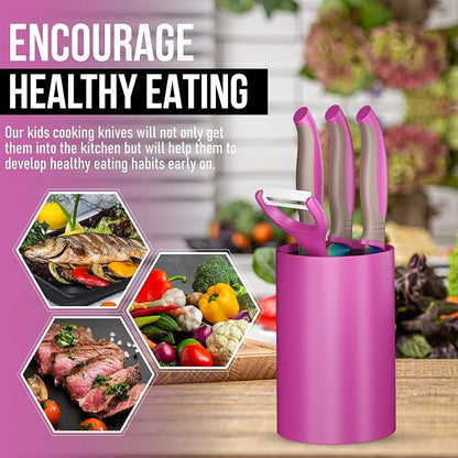 TruChef 5-Piece Kids Knife Set for Real Cooking | Stainless Steel Chef, Paring & Serrated Knives with Peeler & Holder | Safe Junior Chef Cooking Set for Kids (5 pcs, Pink)