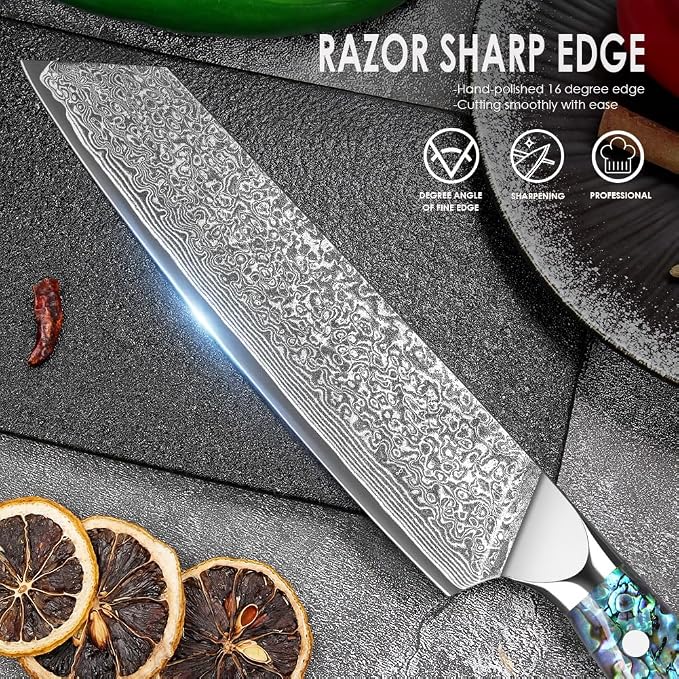 Home Safety Damascus Kiritsuke Knife with Sharp 20cm Blade Made of 67 Layers of VG-10 Damascus Steel Kitchen Knifves Damascus Carving Knife, Abalone Shell Handle, Gift Box