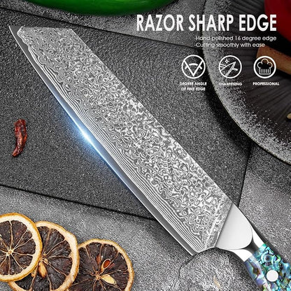 Home Safety Damascus Kiritsuke Knife with Sharp 20cm Blade Made of 67 Layers of VG-10 Damascus Steel Kitchen Knifves Damascus Carving Knife, Abalone Shell Handle, Gift Box