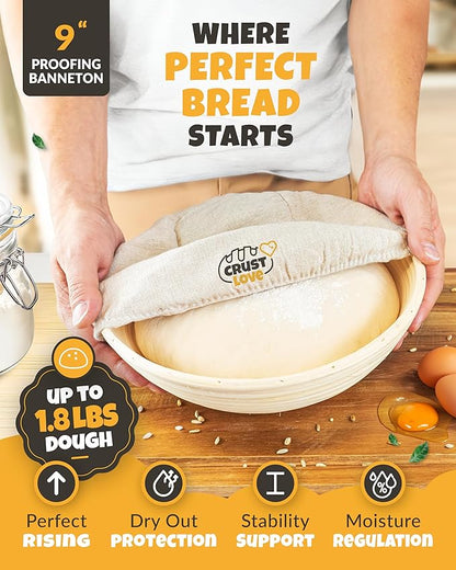 CRUSTLOVE Cast Iron Dutch Oven for Bread Baking - incl. Sourdough Bread-Baking Supplies like Banneton Bread-Proofing Basket - 5QT Bread-Oven with Lid Bread-Making Kit Pan, Pot, Sour Sough Tools, Lame
