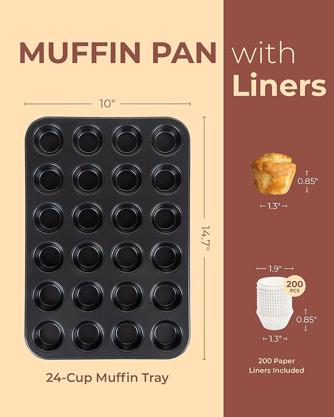 CARTMAN 24-Cup Mini Muffin Pan with 200 Paper Liners, Non-Stick Carbon Steel Mini Muffin Tin for Even Baking, Ideal for Cupcakes, Egg Bites, and Party Treats