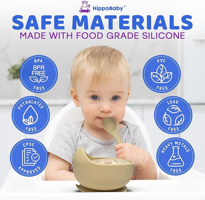 HippoBaby Baby Led Weaning Supplies | 10 Piece Silicone Baby Feeding Set | Baby Toddler Bib Cup Divided Plate and Bowl Self Feeding Spoons Dish Set | Baby Utensils | Toddler Feeding Supplies (Cream)