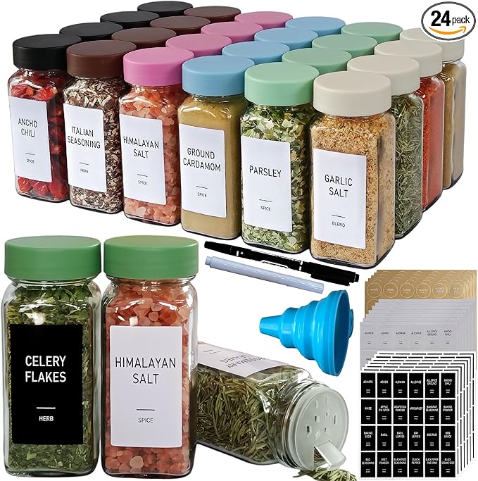 Spice Jars with Labels - 24 Glass Spice with Shaker Lids & Airtight Plastic Caps - 4oz Complete Seasoning Containers Organizer Set for Cabinet, Drawer & Rack (Green)