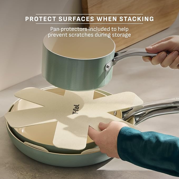 T-Fal Inspire Ceramic Nonstick Frying Pan 2-Pc Set, 8" & 10", Oven Broiler Safe up to 50°F Cookware, Ceramic Frying Pan Skillet, Pots & Pans, Mint Green