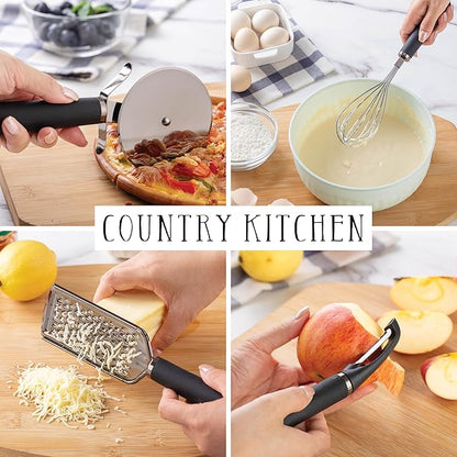 Country Kitchen 6 Pc Essentials Kitchen Stainless Steel Gadget Set Black Gun Metal with Soft Touch Black Handles for Cooking