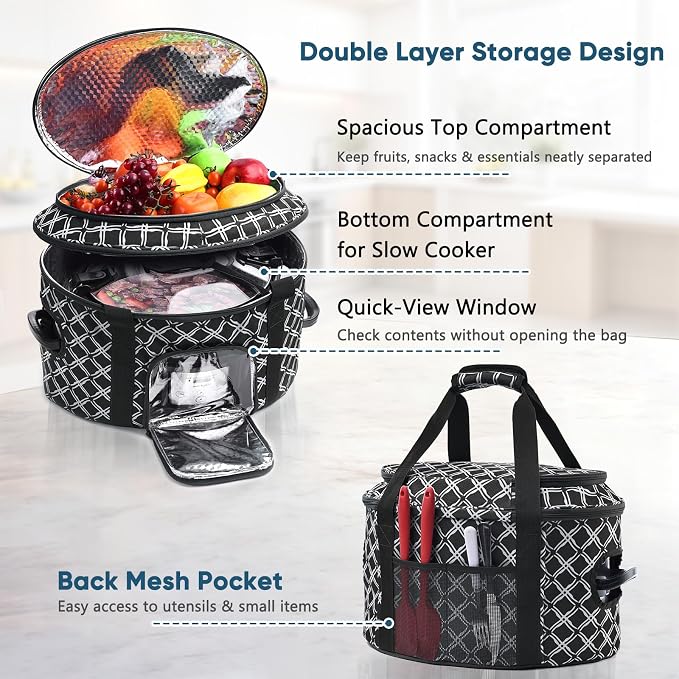 BAGSPRITE Double-layer Slow Cooker Carrying Case for Crock Pot 6-8 Quart, Insulated Crockpot Carrier with Adjustable Lid Straps,Portable Slow Cooker Travel Bag for Potluck, Parties, Family Gatherings