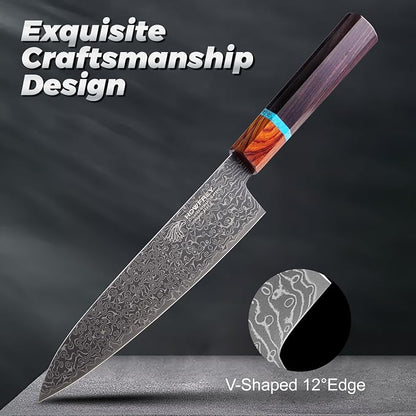 Damascus Chef Knife, 8 Inch 67-Layer Japanese Kitchen Knives Sharp High Carbon Stainless Steel with Ergonomic Pakkawood Handles, Elegant Gift Box Packaging for Home and Kitchen Birthday Dad Mom Gift