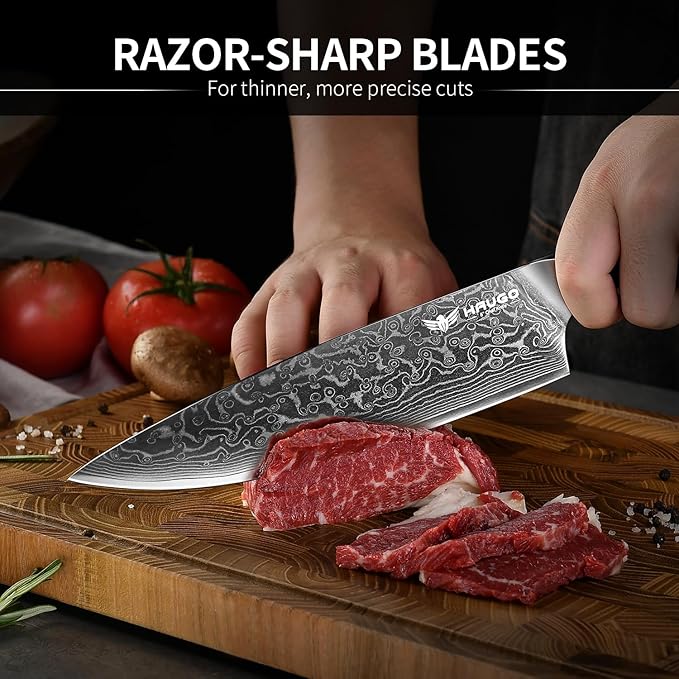 Damascus Chef Knife - Haugo 8 Inch Kitchen Knife with Japanese VG10 Steel Core - Full Tang Handle - Ultra Sharp Professional Cooking Knife - Ronin Series - Gift Box