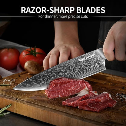 Damascus Chef Knife - Haugo 8 Inch Kitchen Knife with Japanese VG10 Steel Core - Full Tang Handle - Ultra Sharp Professional Cooking Knife - Ronin Series - Gift Box