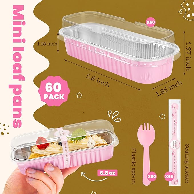 NPLUX Mini Cake Pans with Lids and Spoons, 60 Pack Pink Mini Loaf Pans with Lids, Aluminum Foil Mini Cake Containers for Baking, Individual Cake Pans with Lids, Graduation Gifts Party Favors