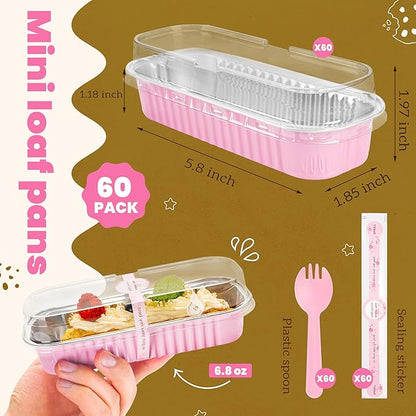 NPLUX Mini Cake Pans with Lids and Spoons, 60 Pack Pink Mini Loaf Pans with Lids, Aluminum Foil Mini Cake Containers for Baking, Individual Cake Pans with Lids, Graduation Gifts Party Favors