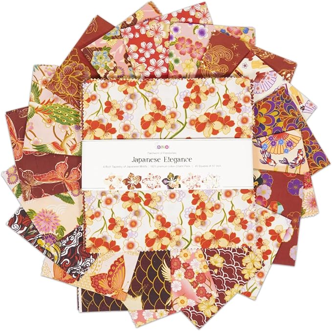 Soimoi 40Pcs 10" x 10" DIY Cotton Fabric Squares, 10" Layer Cake Squares Patchwork, Pre-Cut Quilt Charm Pack, DIY Sewing Quarters Bundle, Quilting Fabric Bundles- Japanese Elegance