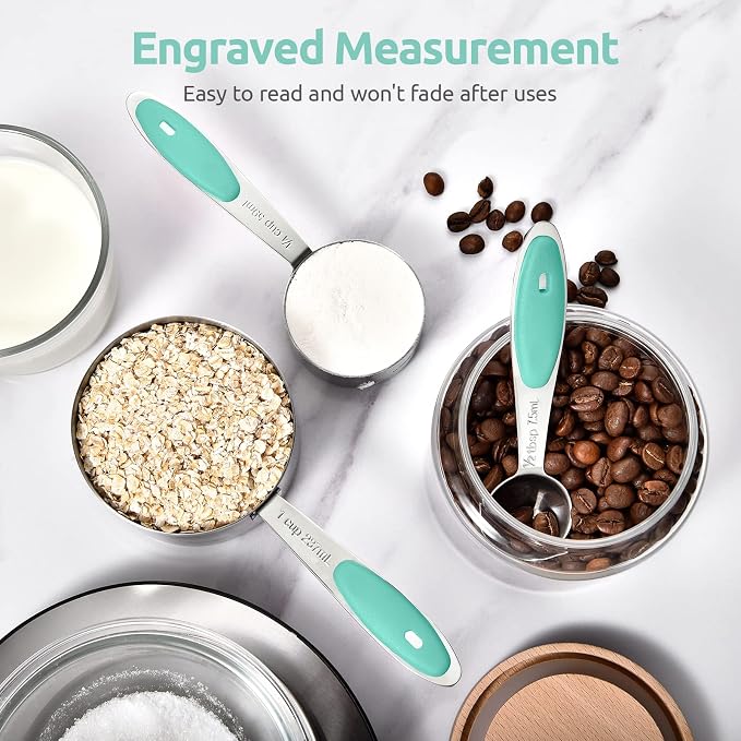 Measuring Cups and Spoons Set: U-Taste 18/8 Stainless Steel 10 Pieces Metal Stacking Kitchen Baking Cooking Food Measure Set 5 Cups 5 Spoons with Strengthened Weld Joints (Aqua Sky, Upgraded Version)
