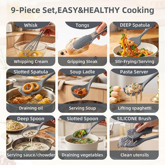 Kitchen Utensils Set,9 PCS Silicone Cooking Utensils Set Spatula Set,Non Toxic Cooking Utensils,Tongs,Spoon,Whisk,Brush,BPA Free Kitchen Gadgets for Non-Stick Cookware,Home Essential(Gray-9P)